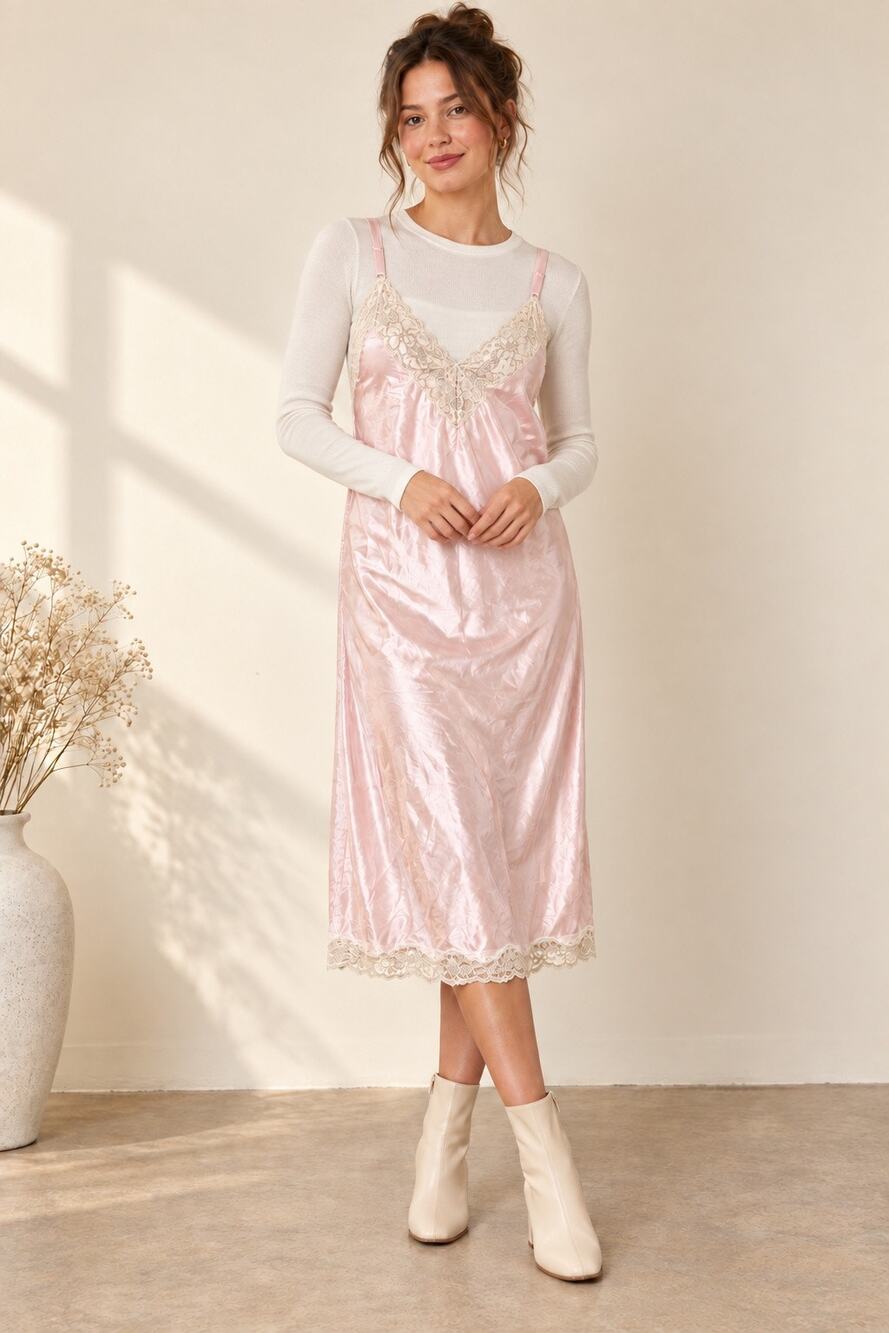Vintage Ashley Taylor Pale Pink Satin Full Slip Lace Nightgown Medium
